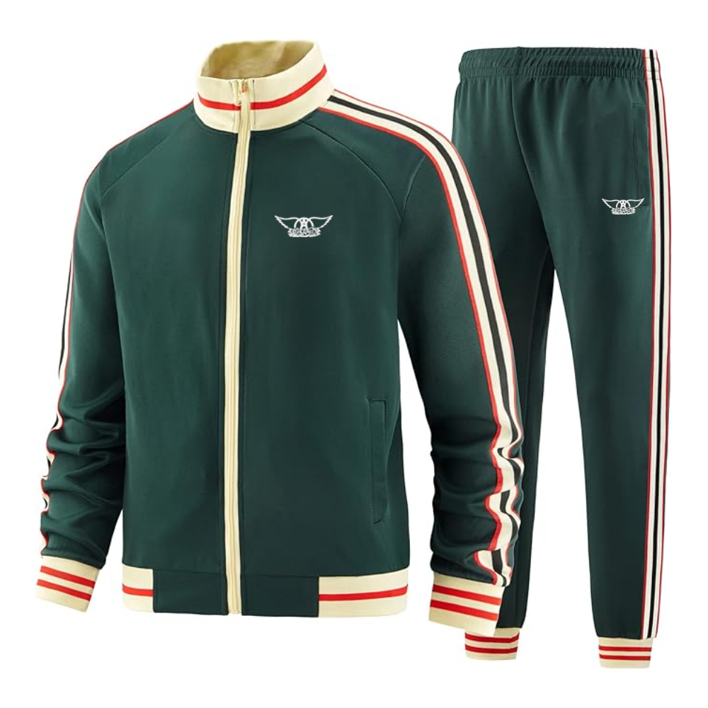 Men's Aerosmith Logo  Tracksuit with Bold Striped Accents and Zippered Front Athletic Wear