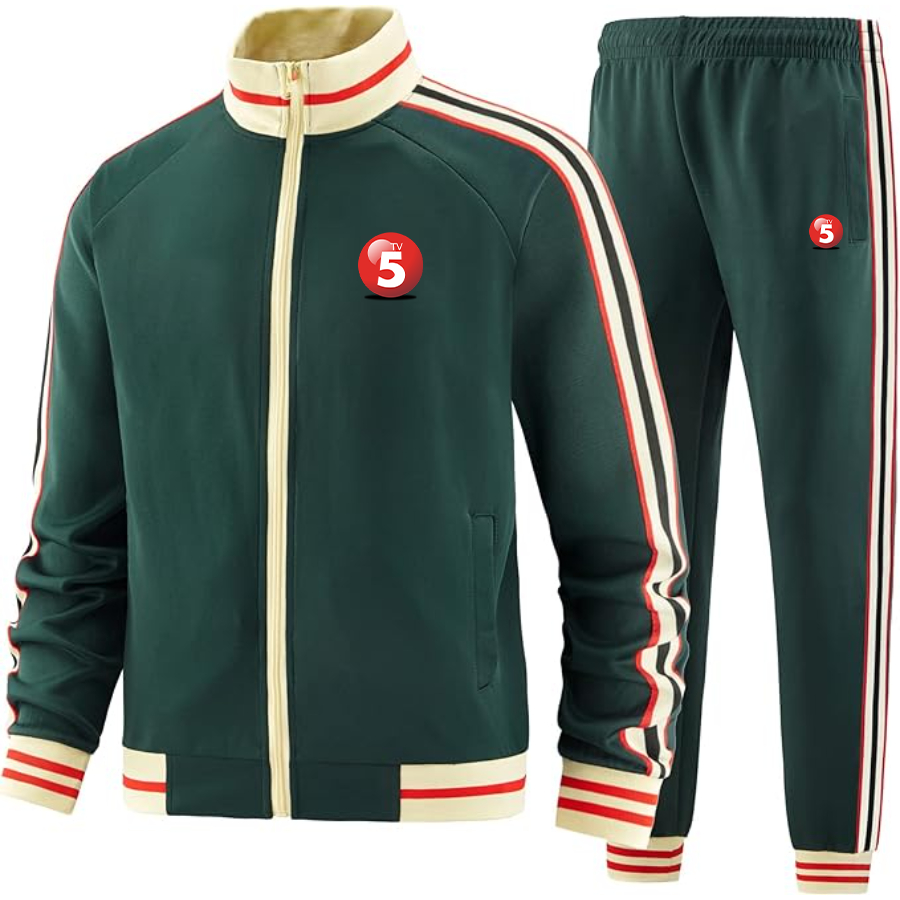 Men's ABC TV5 Logo  Tracksuit with Bold Striped Accents and Zippered Front Athletic Wear