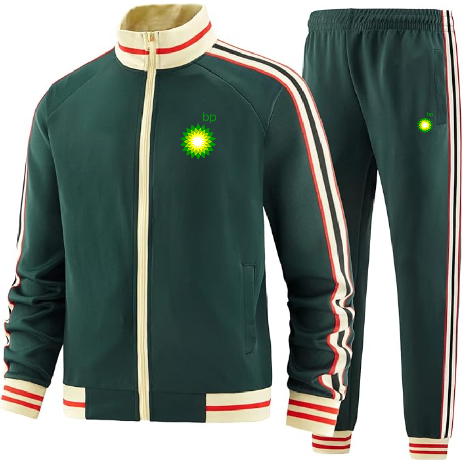 Men's BP Oil Logo Tracksuit with Bold Striped Accents and Zippered Front Athletic Wear