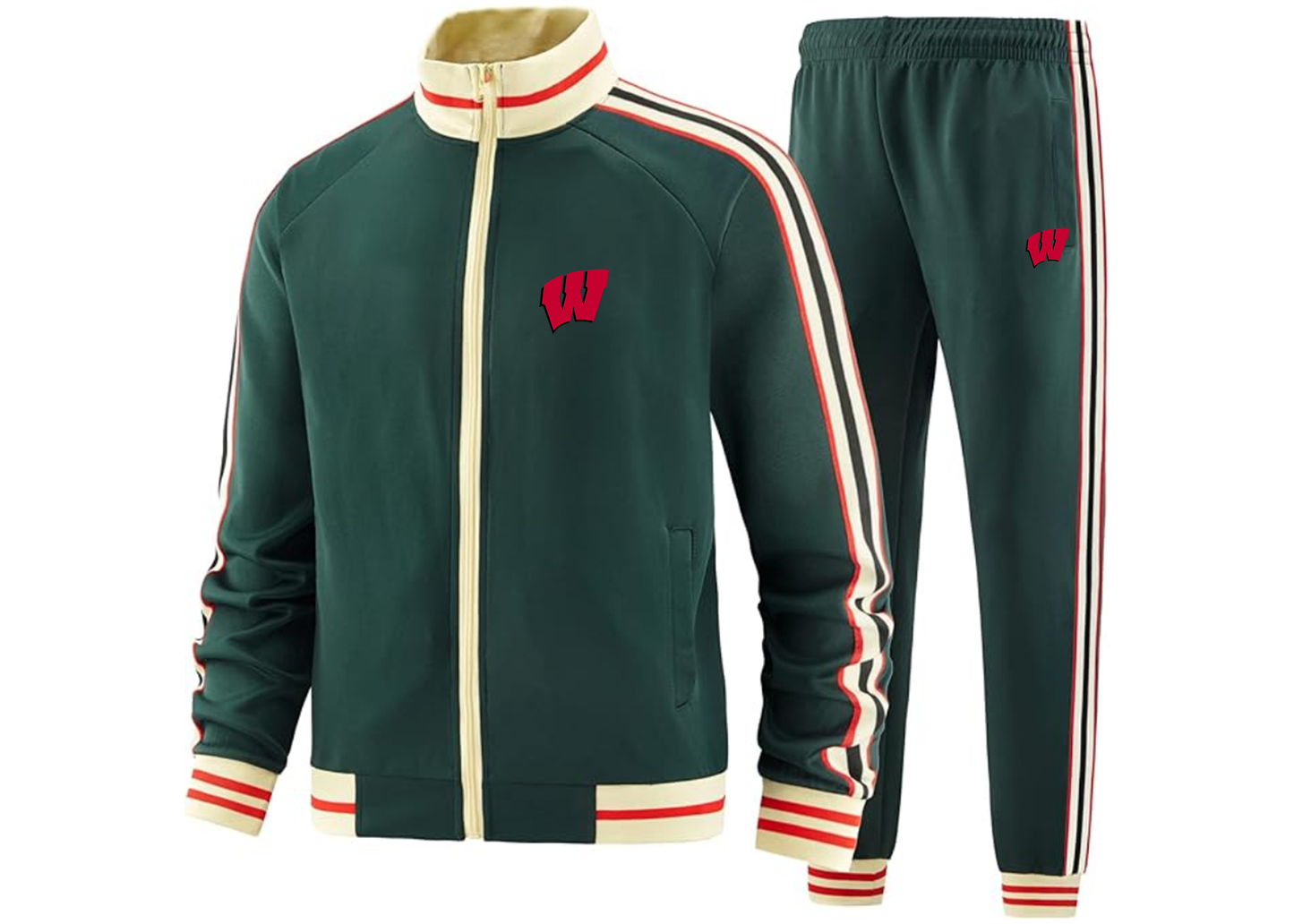 Men's Wisconsin Badgers Tracksuit with Bold Striped Accents and Zippered Front Athletic Wear
