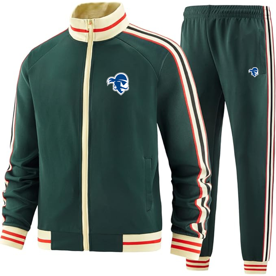 Men's Seton Hall Pirates Logo  Tracksuit with Bold Striped Accents and Zippered Front Athletic Wear