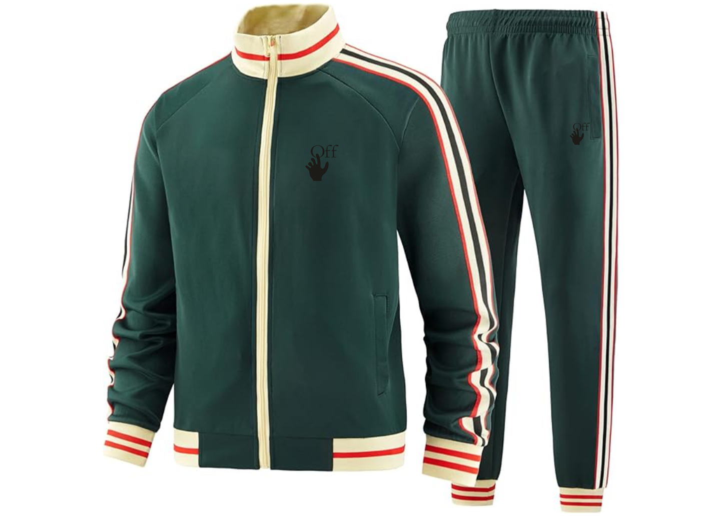 Men's Off-White Hand Tracksuit with Bold Striped Accents and Zippered Front Athletic Wear