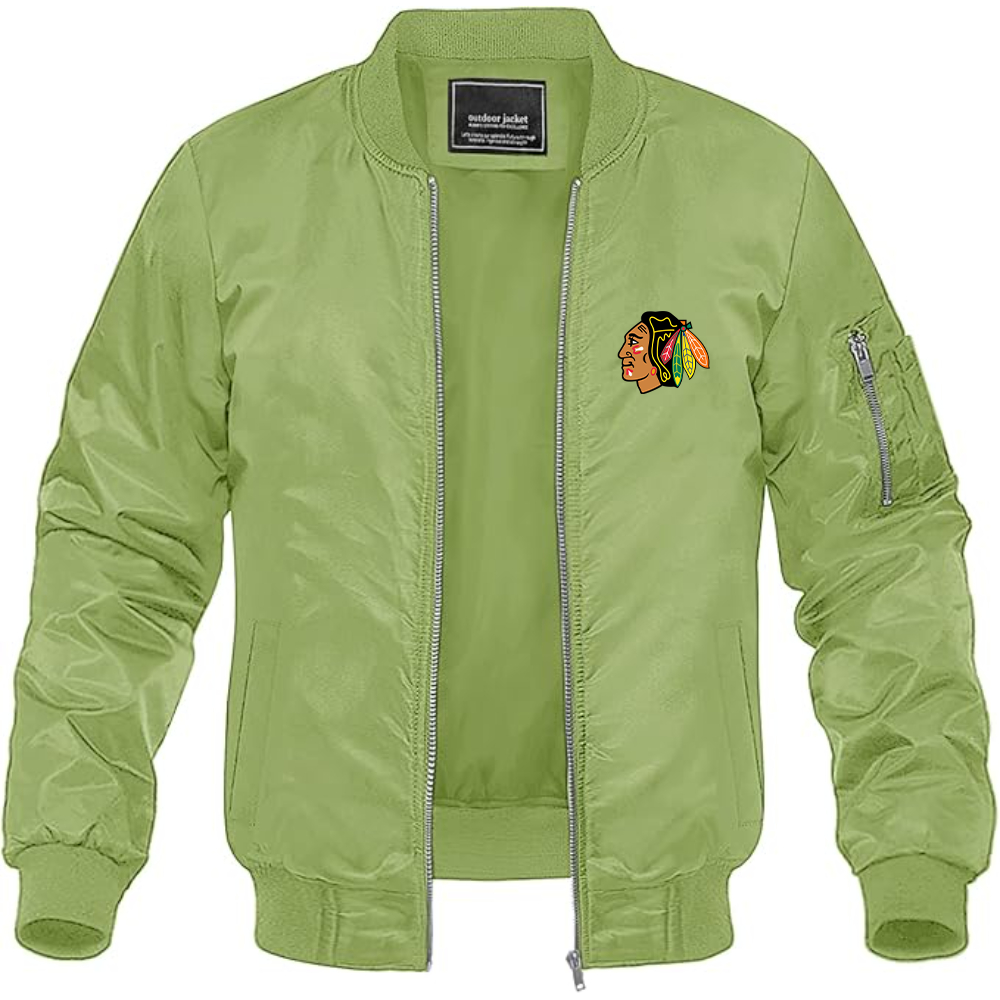 Men's Blackhawks Logo Lightweight Bomber Jacket Windbreaker Softshell Varsity Jacket Coat