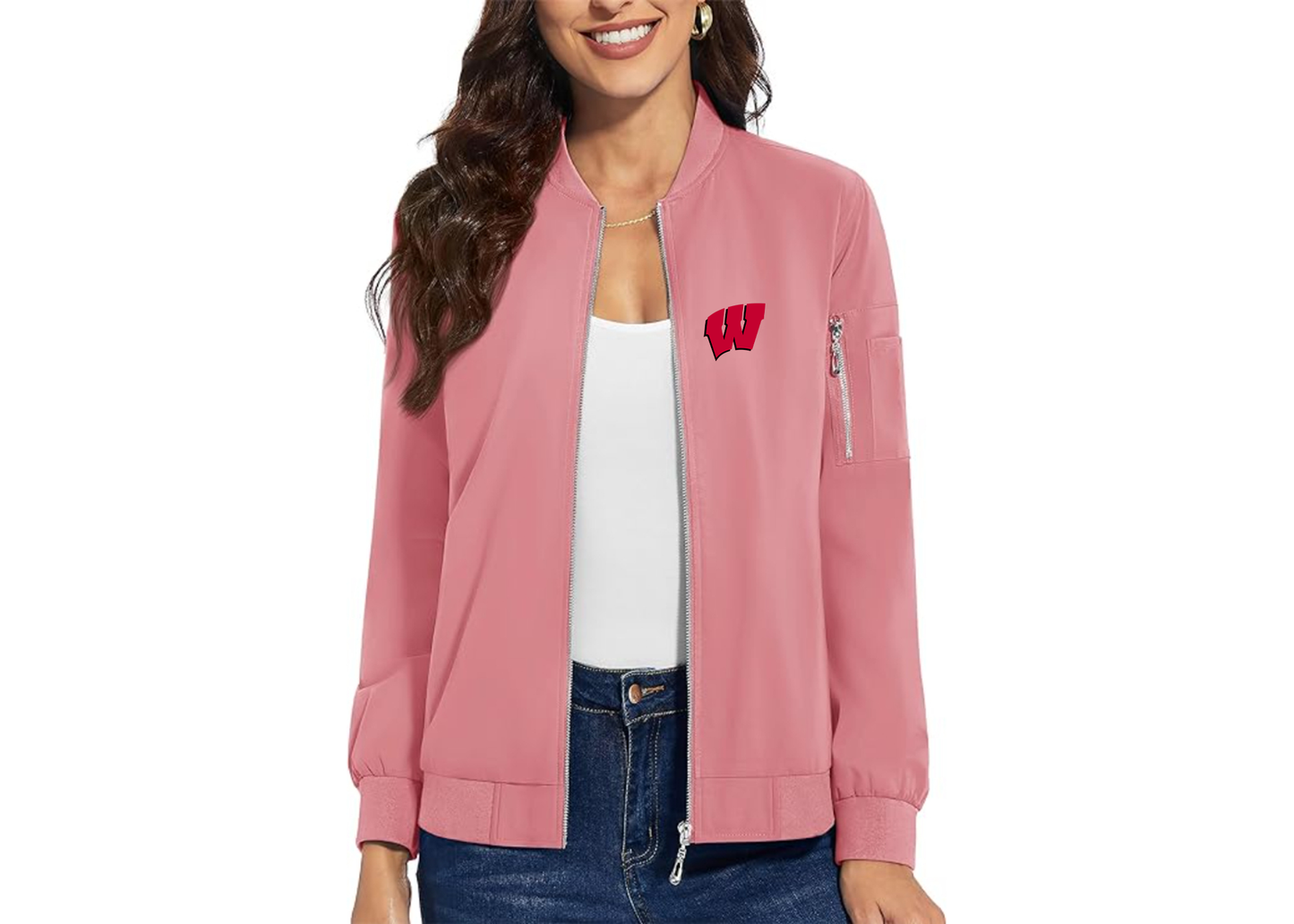 Women's Wisconsin Badgers Premium Bomber Jacket with Polished Detailing and Functional Sleeve Pocket Modern Luxury Outerwear