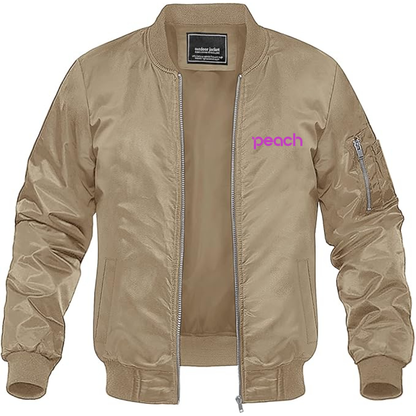 Men's Peach Aviation Logo Lightweight Bomber Jacket Windbreaker Softshell Varsity Jacket Coat