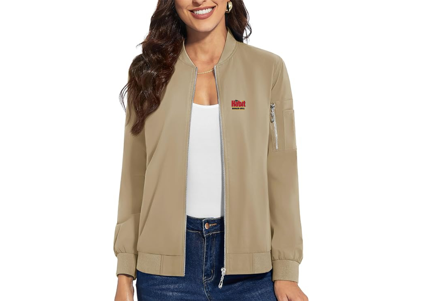 Women's The Habit Burger Grill Premium Bomber Jacket with Polished Detailing and Functional Sleeve Pocket Modern Luxury Outerwear