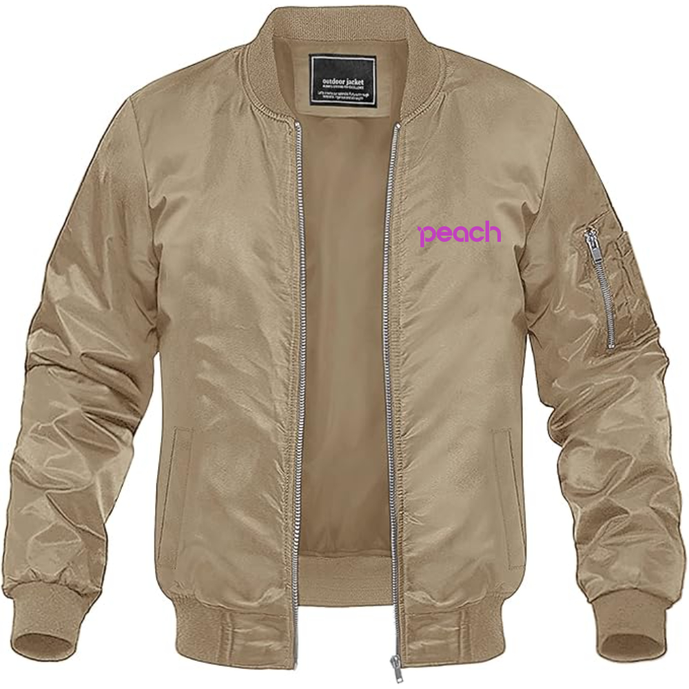 Men's Peach Aviation Logo Lightweight Bomber Jacket Windbreaker Softshell Varsity Jacket Coat