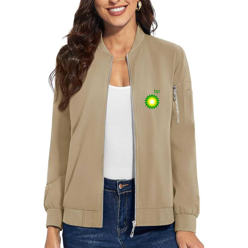 Women's BP Oil Logo Premium Bomber Jacket with Polished Detailing and Functional Sleeve Pocket Modern Luxury Outerwear