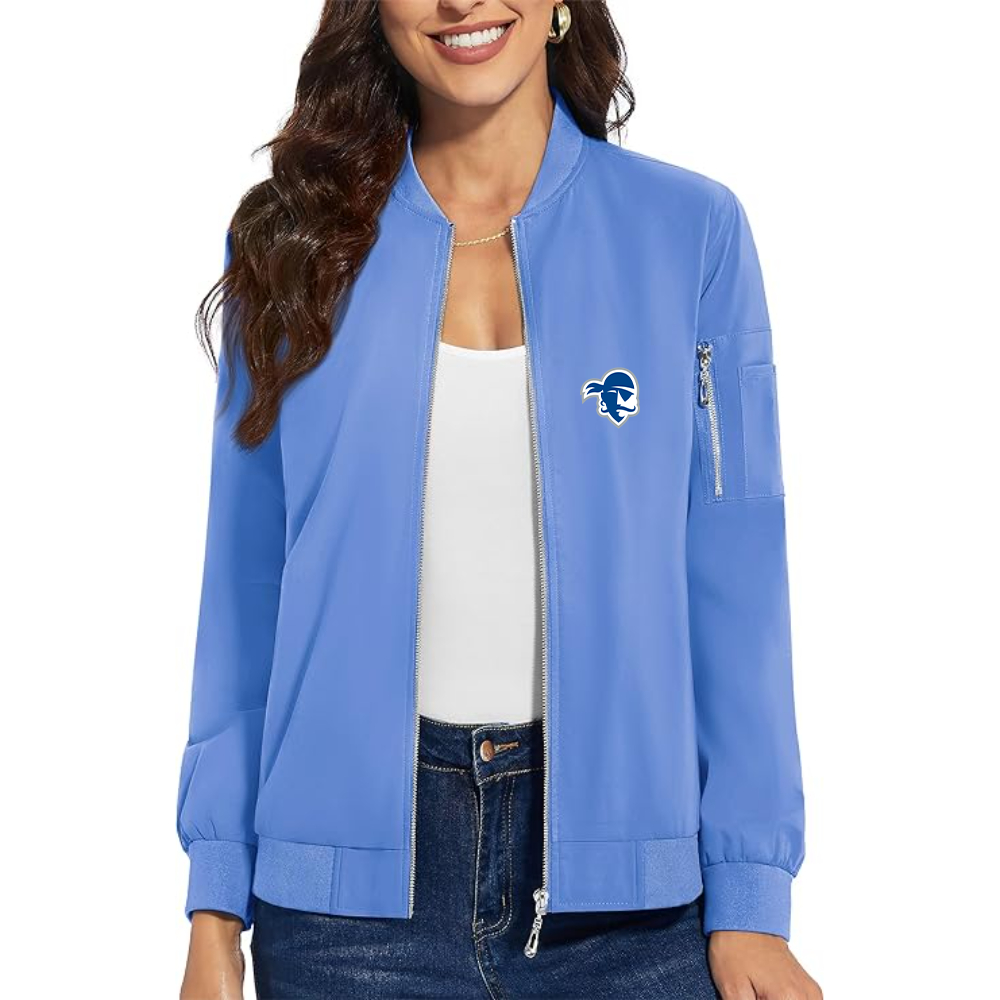 Women's  Seton Hall Pirates Logo Premium Bomber Jacket with Polished Detailing and Functional Sleeve Pocket Modern Luxury Outerwear