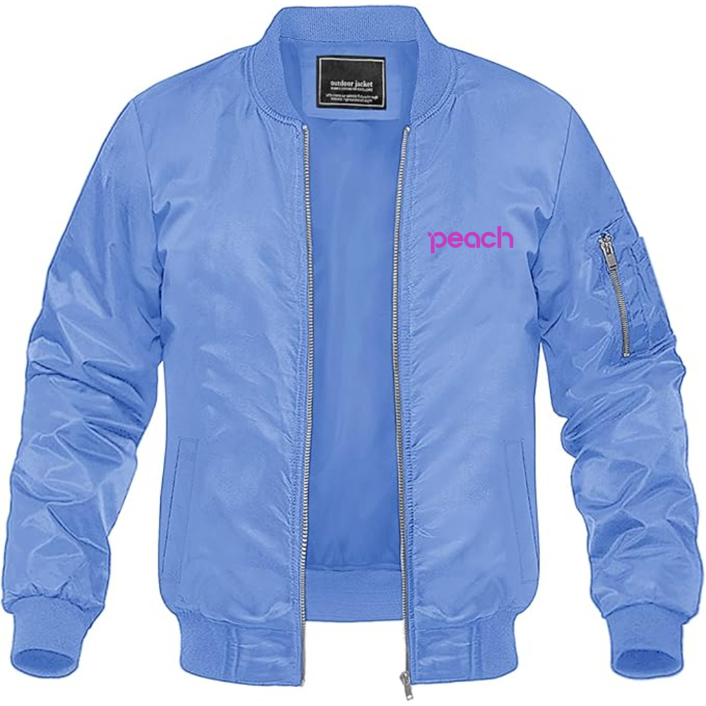 Men's Peach Aviation Logo Lightweight Bomber Jacket Windbreaker Softshell Varsity Jacket Coat