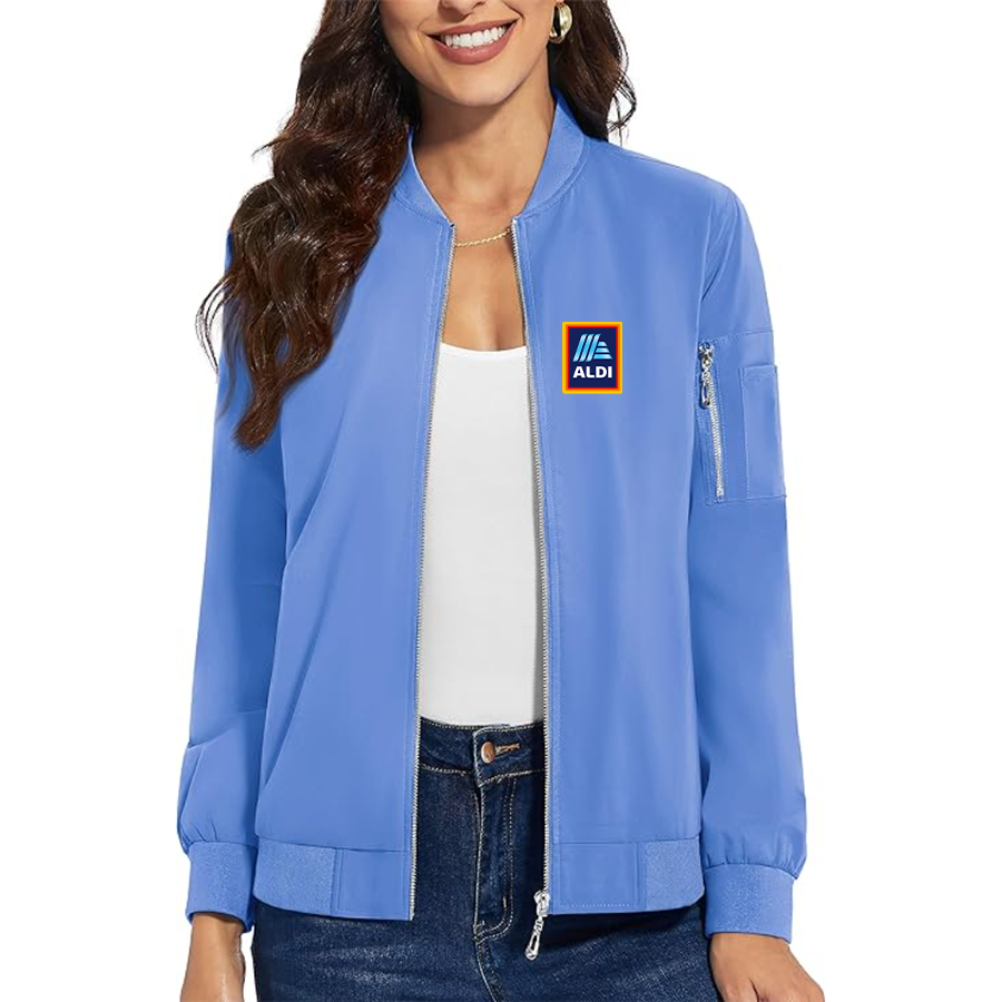 Women's  Aldi Logo Premium Bomber Jacket with Polished Detailing and Functional Sleeve Pocket Modern Luxury Outerwear