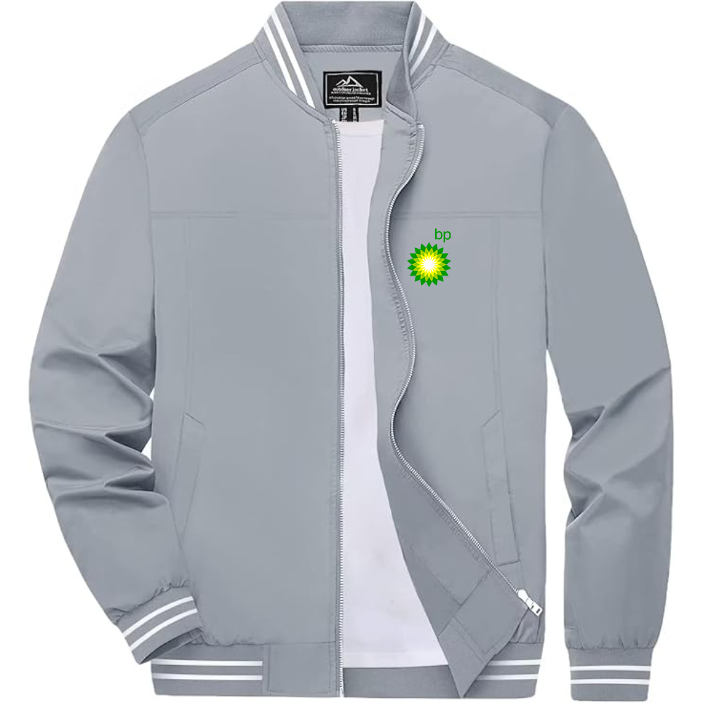 Men's BP Oil Logo Lightweight Zip-Up Ribbed Collar and Cuffs Bomber Jacket