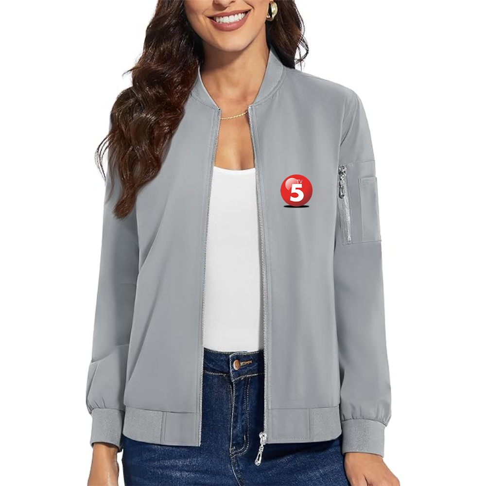 Women's ABC TV5 Logo Premium Bomber Jacket with Polished Detailing and Functional Sleeve Pocket Modern Luxury Outerwear