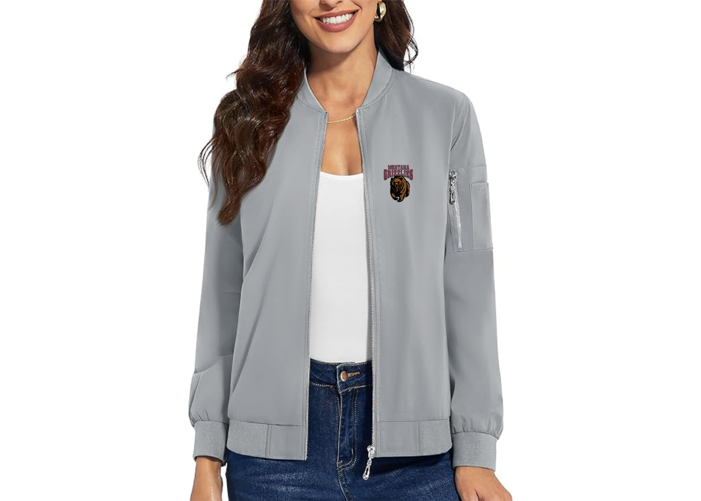 Women's Montana Grizzliesl Premium Bomber Jacket with Polished Detailing and Functional Sleeve Pocket Modern Luxury Outerwear