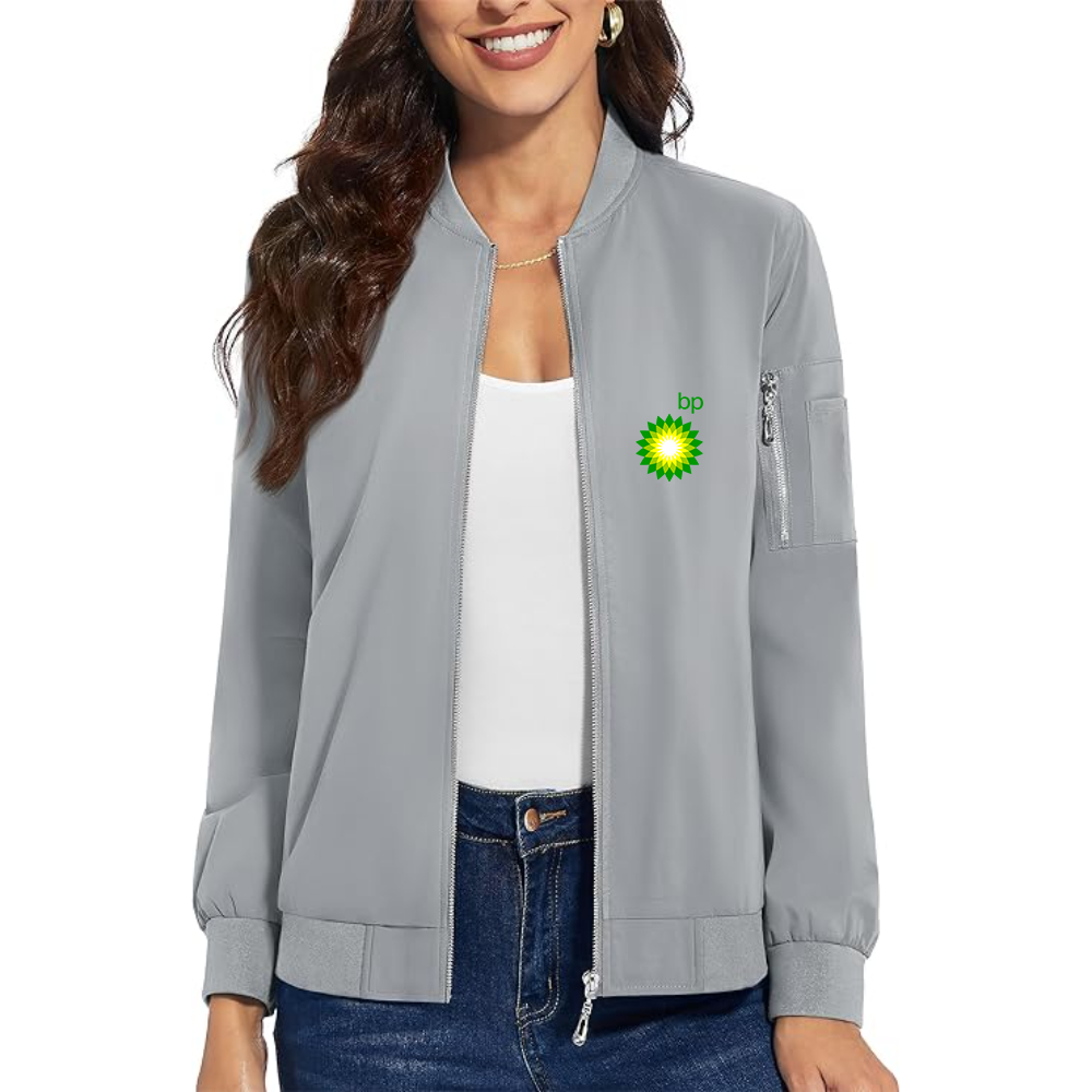 Women's BP Oil Logo Premium Bomber Jacket with Polished Detailing and Functional Sleeve Pocket Modern Luxury Outerwear