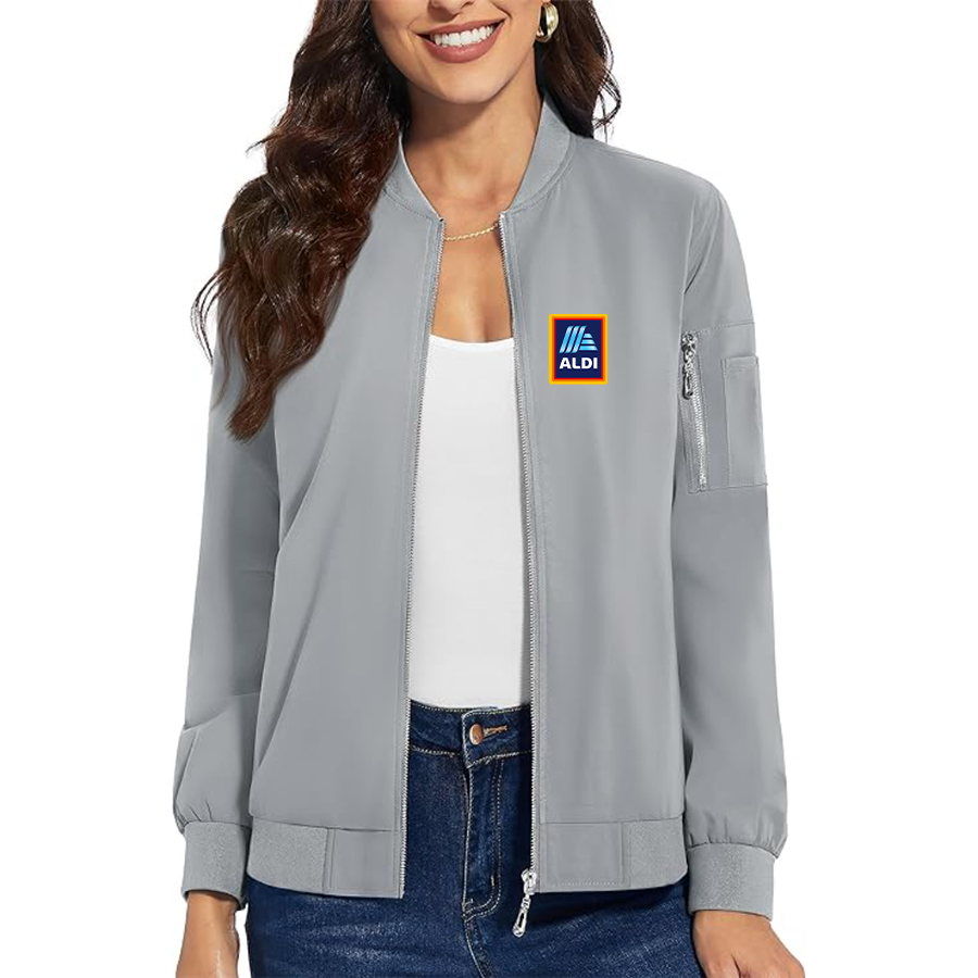 Women's  Aldi Logo Premium Bomber Jacket with Polished Detailing and Functional Sleeve Pocket Modern Luxury Outerwear