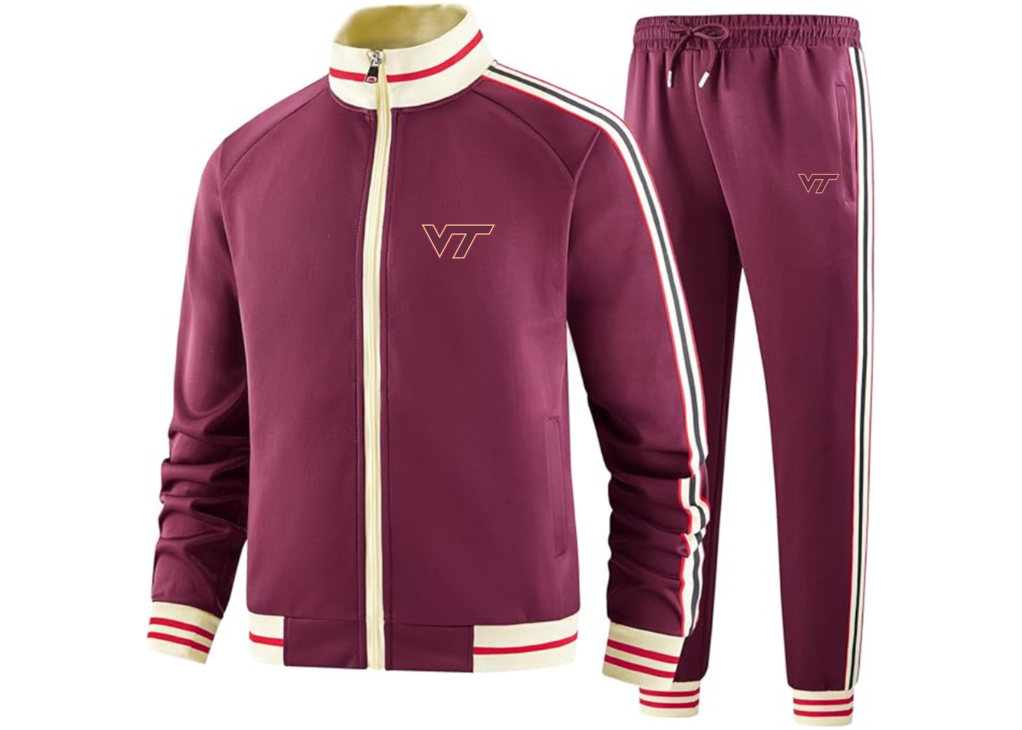 Men's Virginia Tech Hokies Tracksuit with Bold Striped Accents and Zippered Front Athletic Wear
