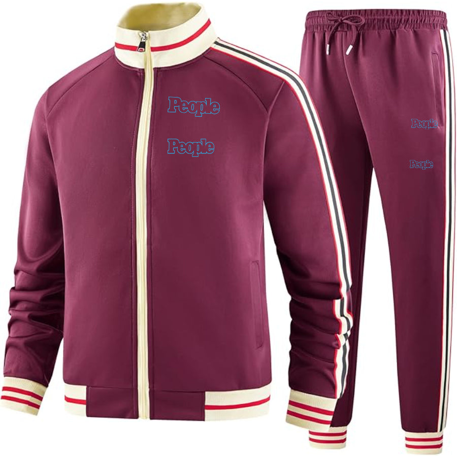 Men's People Magazine Logo Tracksuit with Bold Striped Accents and Zippered Front Athletic Wear