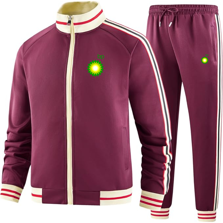 Men's BP Oil Logo Tracksuit with Bold Striped Accents and Zippered Front Athletic Wear
