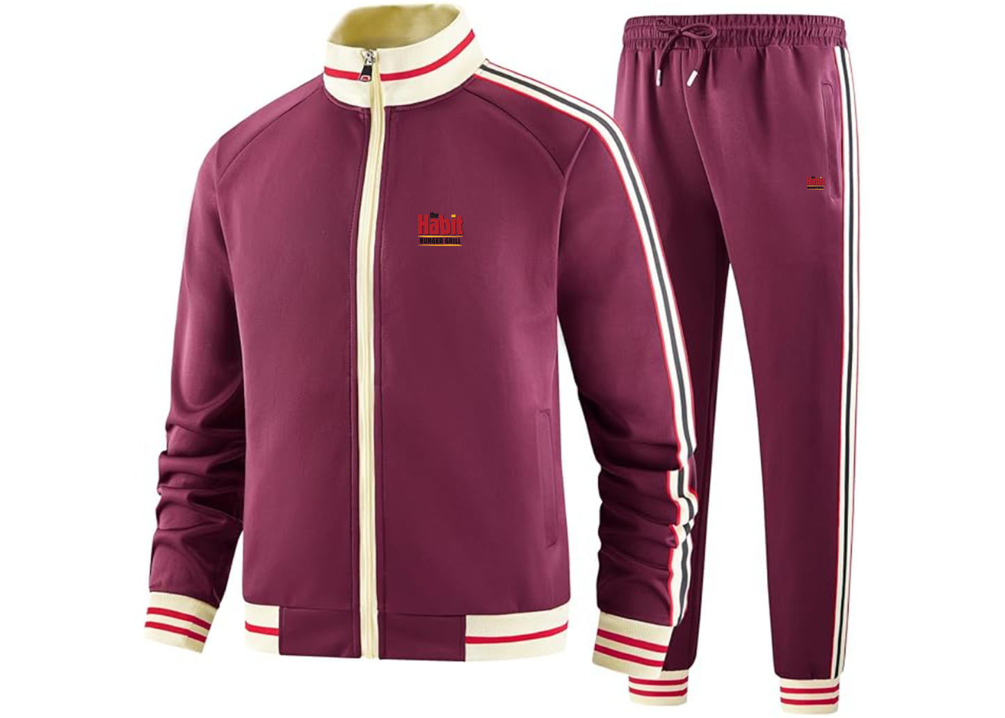 Men's The Habit Burger Grill Tracksuit with Bold Striped Accents and Zippered Front Athletic Wear