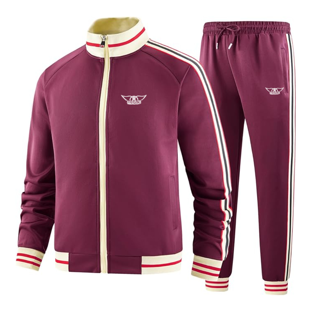 Men's Aerosmith Logo  Tracksuit with Bold Striped Accents and Zippered Front Athletic Wear