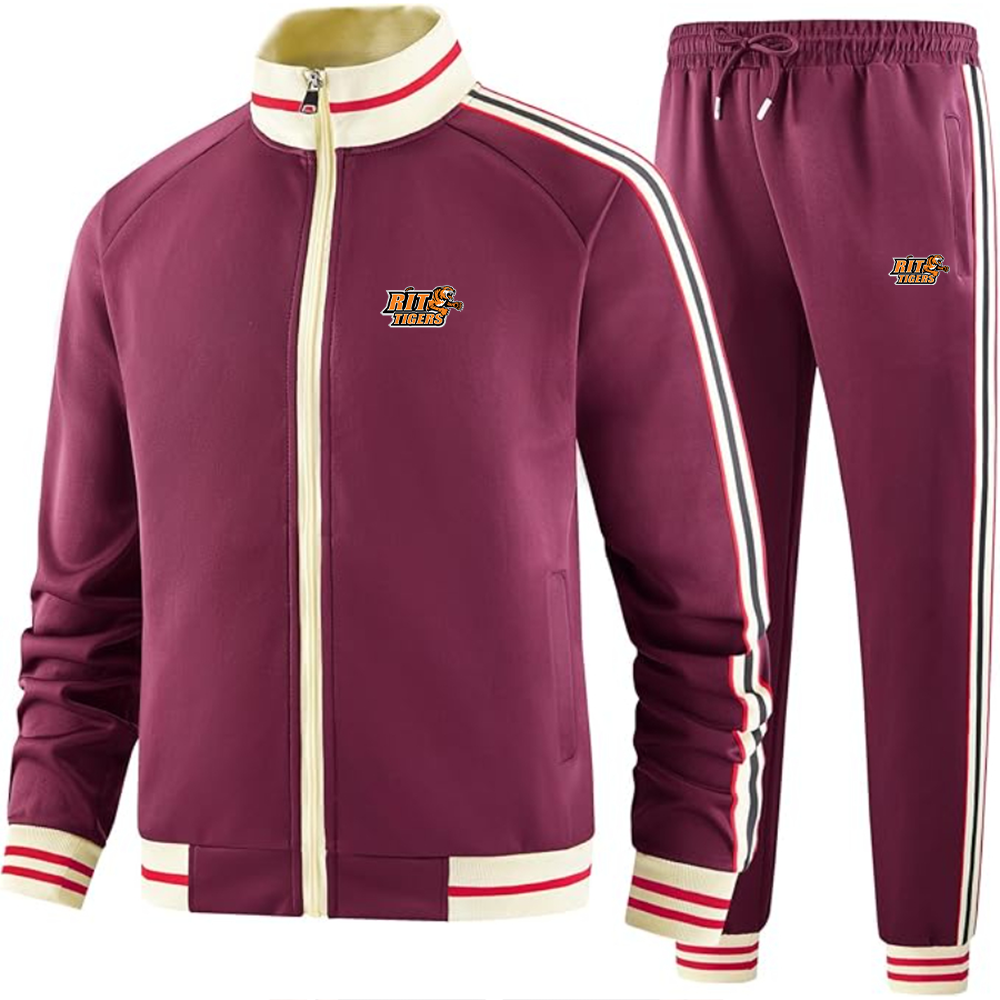 Men's RIT Tigers Logo Tracksuit with Bold Striped Accents and Zippered Front Athletic Wear