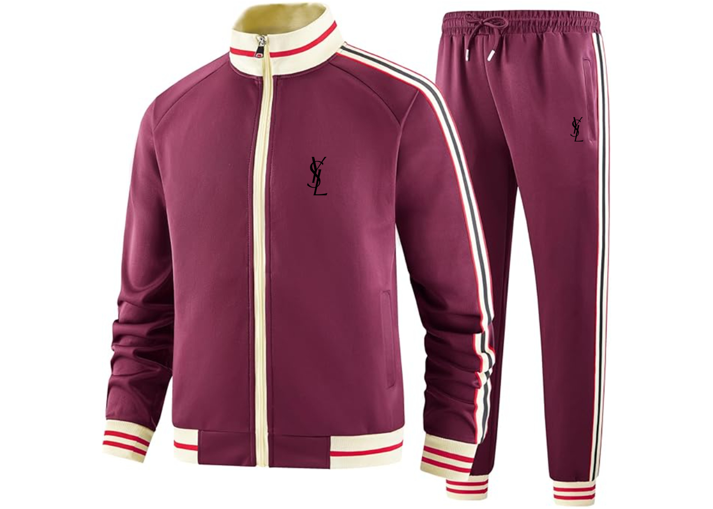 Men's YSL Tracksuit with Bold Striped Accents and Zippered Front Athletic Wear