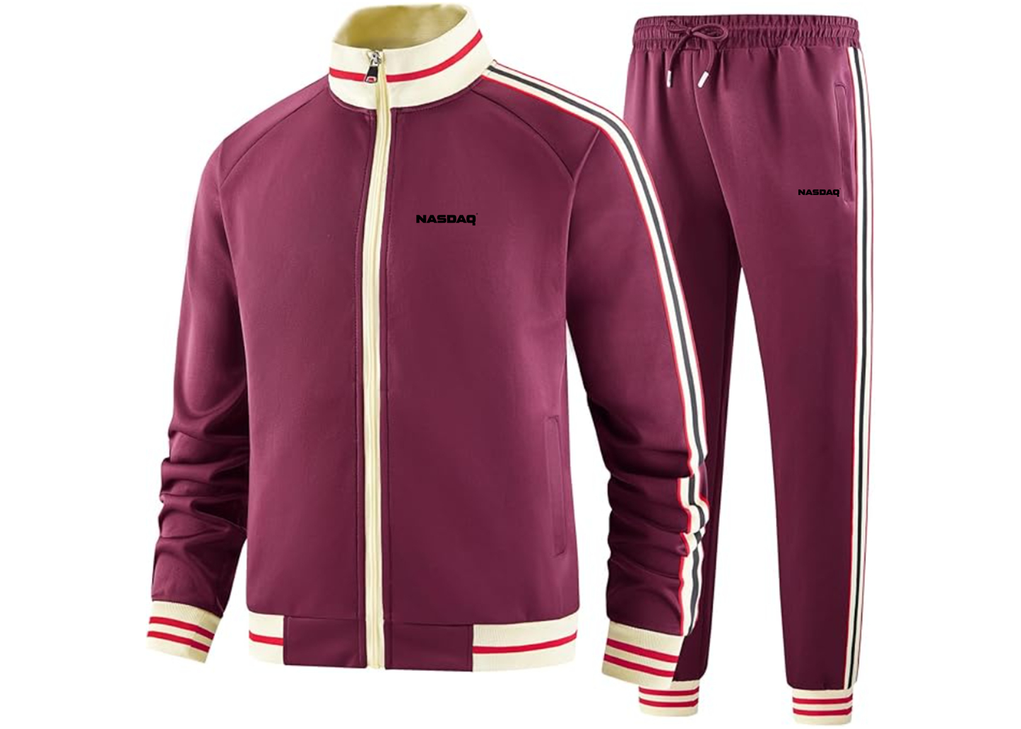 Men's Nasdaq Logo  Tracksuit with Bold Striped Accents and Zippered Front Athletic Wear