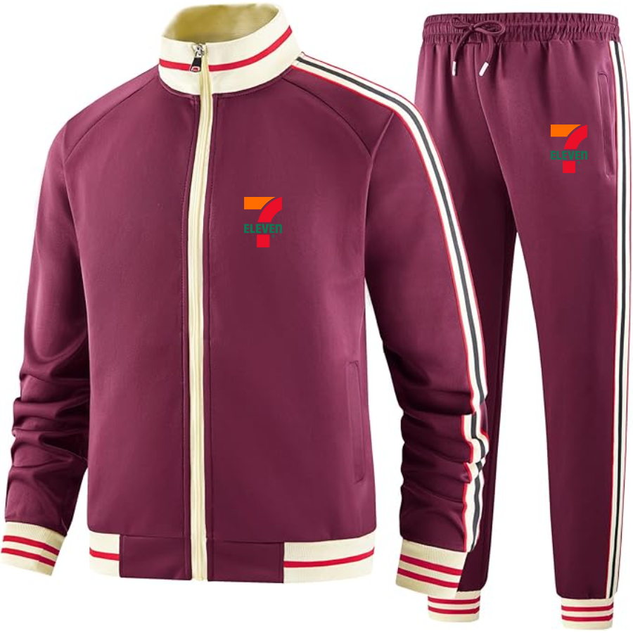 Men's 7 Eleven Logo  Tracksuit with Bold Striped Accents and Zippered Front Athletic Wear