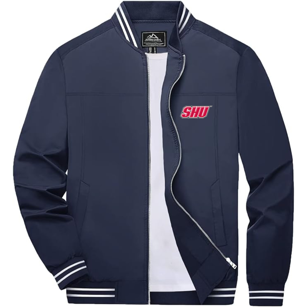 Men's Sacred Heart Pioneers Logo Lightweight Zip-Up Ribbed Collar and Cuffs Bomber Jacket