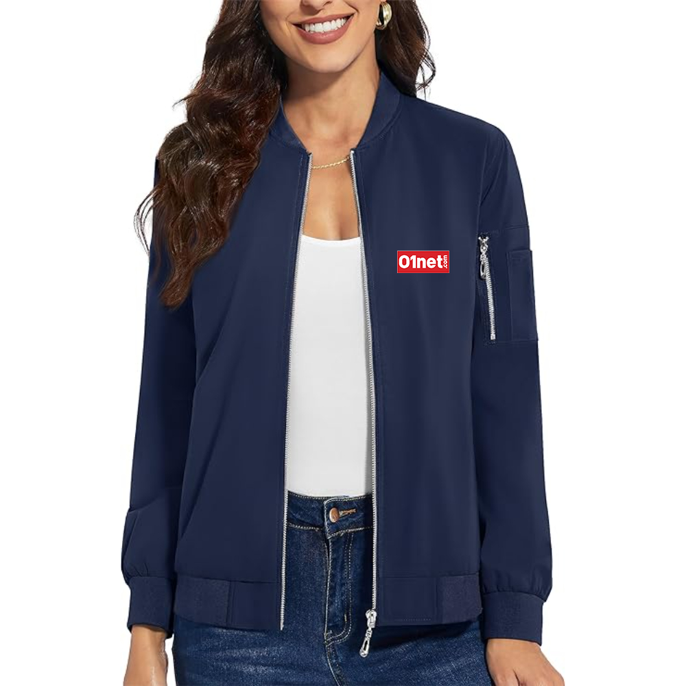 Women's 01net Logo Premium Bomber Jacket with Polished Detailing and Functional Sleeve Pocket Modern Luxury Outerwear