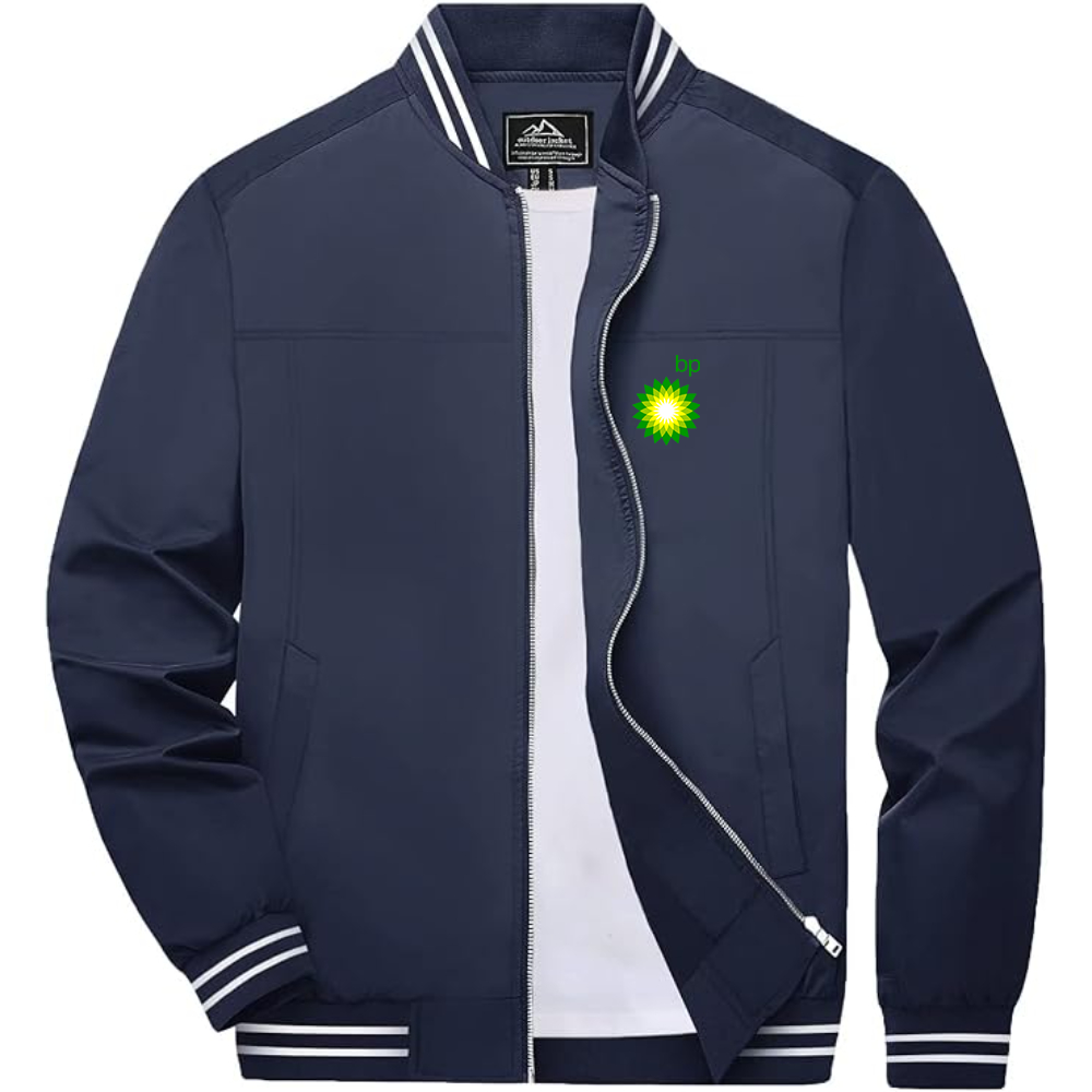 Men's BP Oil Logo Lightweight Zip-Up Ribbed Collar and Cuffs Bomber Jacket