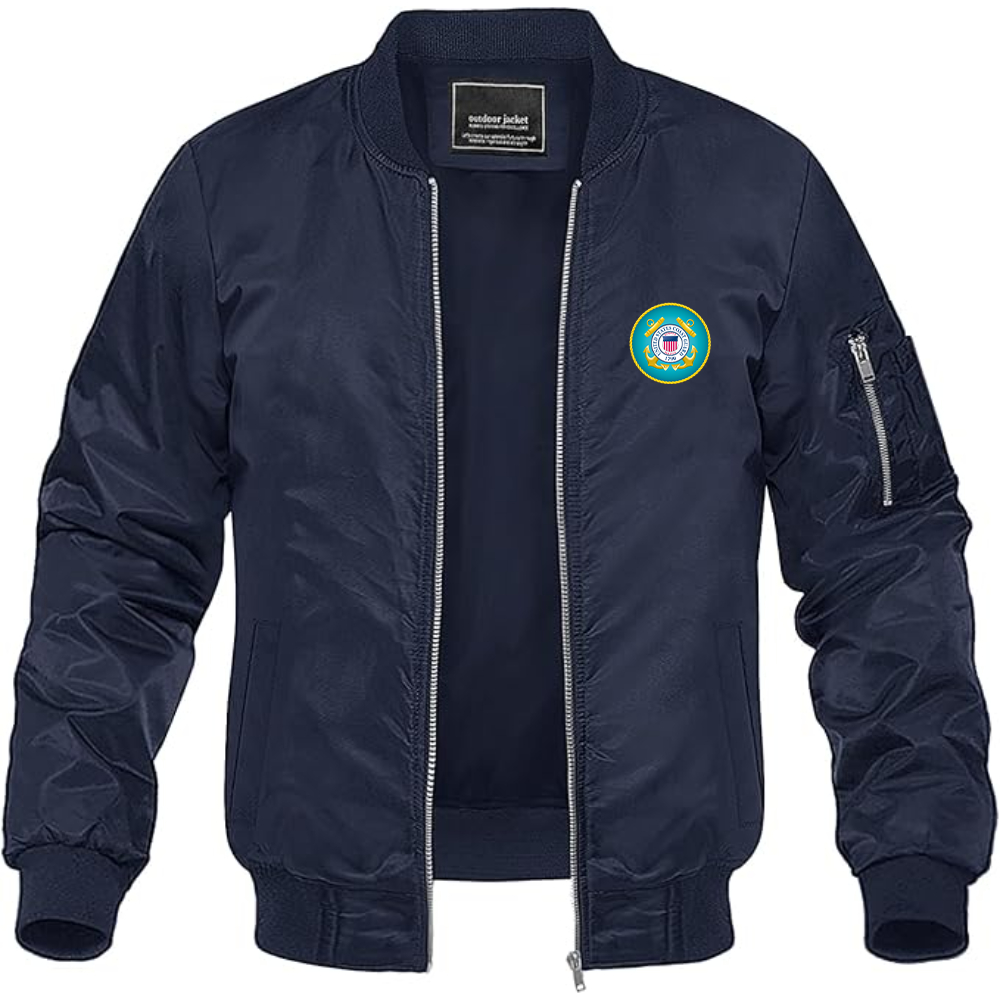 Men's Coast Guard Logo Lightweight Bomber Jacket Windbreaker Softshell Varsity Jacket Coat