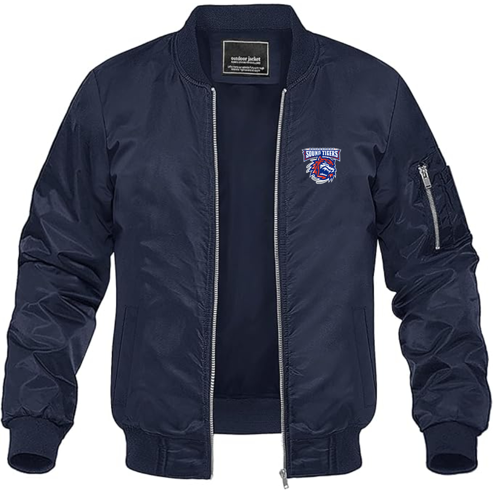 Men's Bridgeport Sound Tigers Logo Lightweight Bomber Jacket Windbreaker Softshell Varsity Jacket Coat