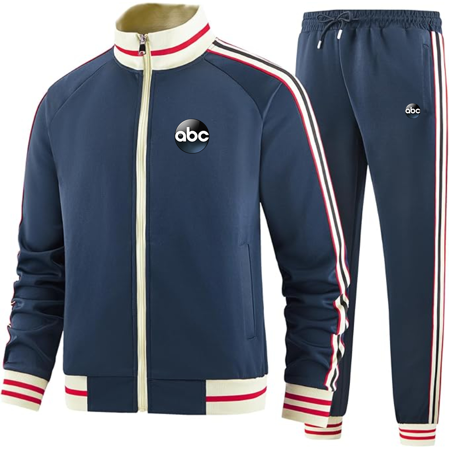 Men's Abc Logo  Tracksuit with Bold Striped Accents and Zippered Front Athletic Wear