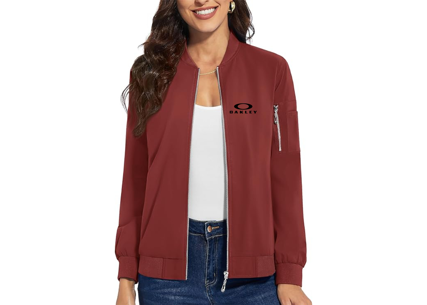 Women's Oakley Logo  Premium Bomber Jacket with Polished Detailing and Functional Sleeve Pocket Modern Luxury Outerwear