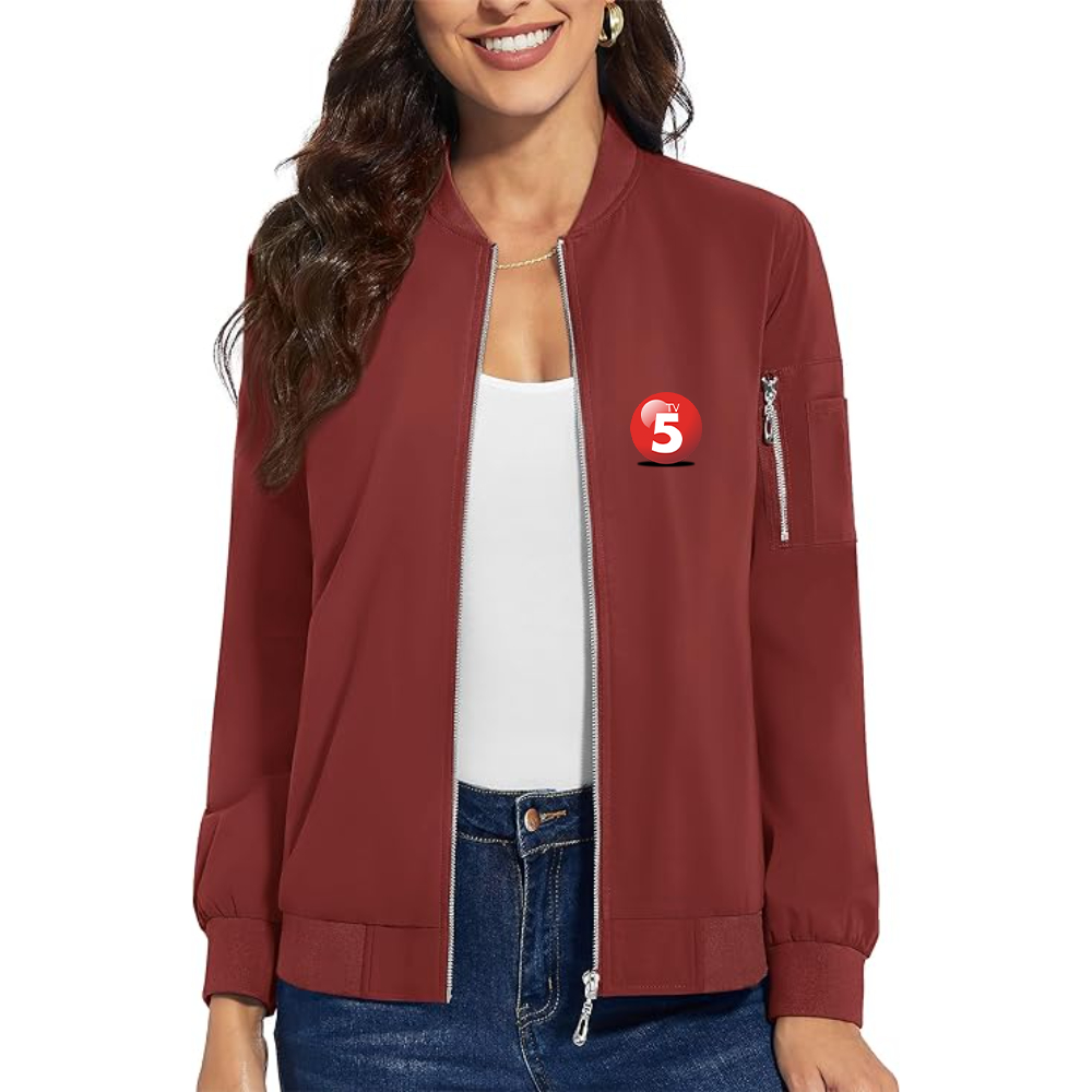 Women's ABC TV5 Logo Premium Bomber Jacket with Polished Detailing and Functional Sleeve Pocket Modern Luxury Outerwear