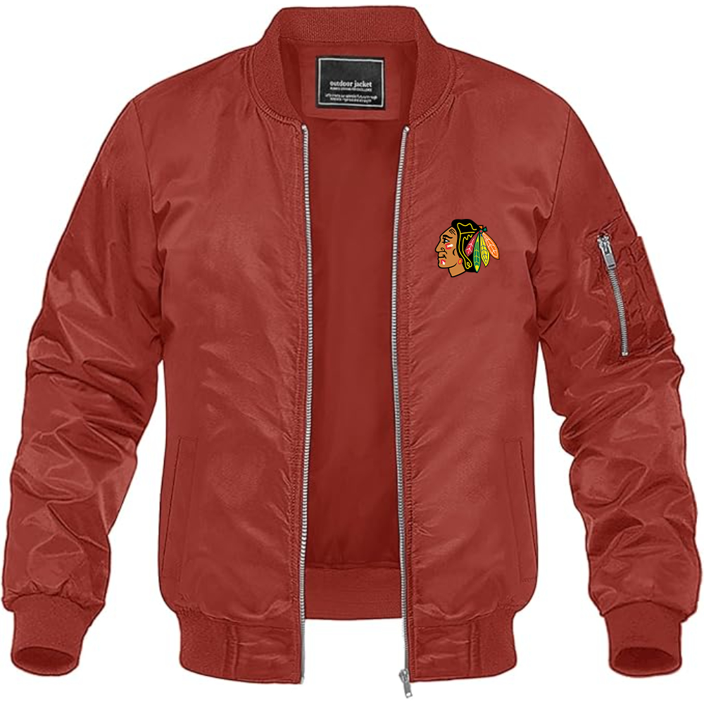 Men's Blackhawks Logo Lightweight Bomber Jacket Windbreaker Softshell Varsity Jacket Coat