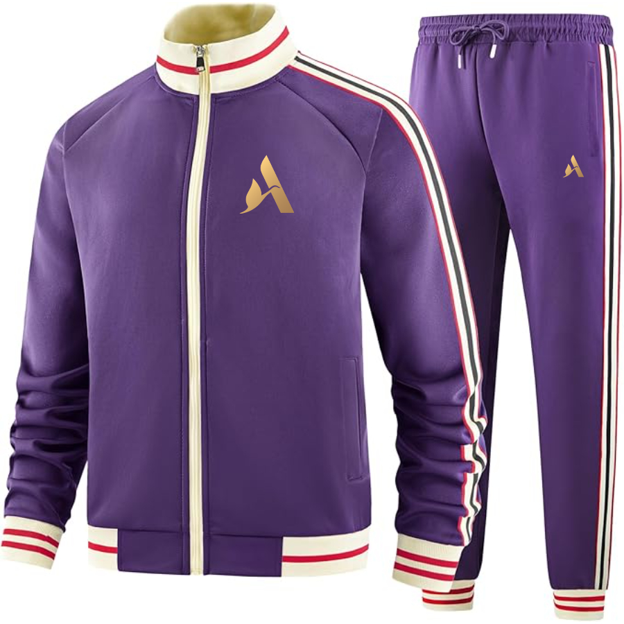 Men's Accor Golden Logo Tracksuit with Bold Striped Accents and Zippered Front Athletic Wear