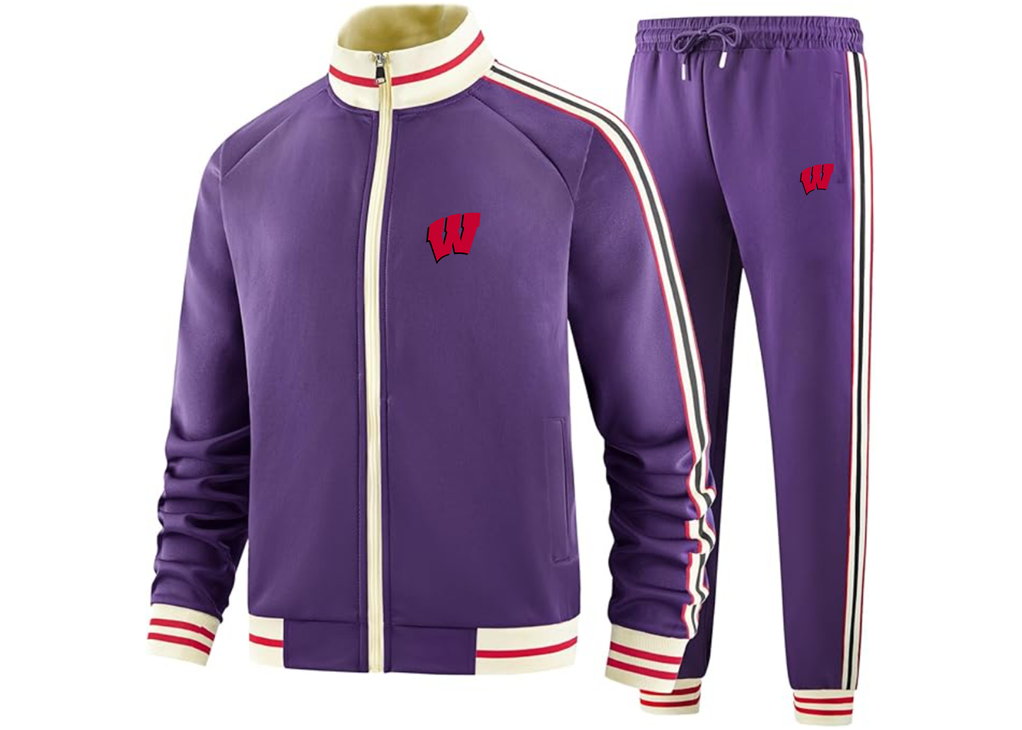 Men's Wisconsin Badgers Tracksuit with Bold Striped Accents and Zippered Front Athletic Wear