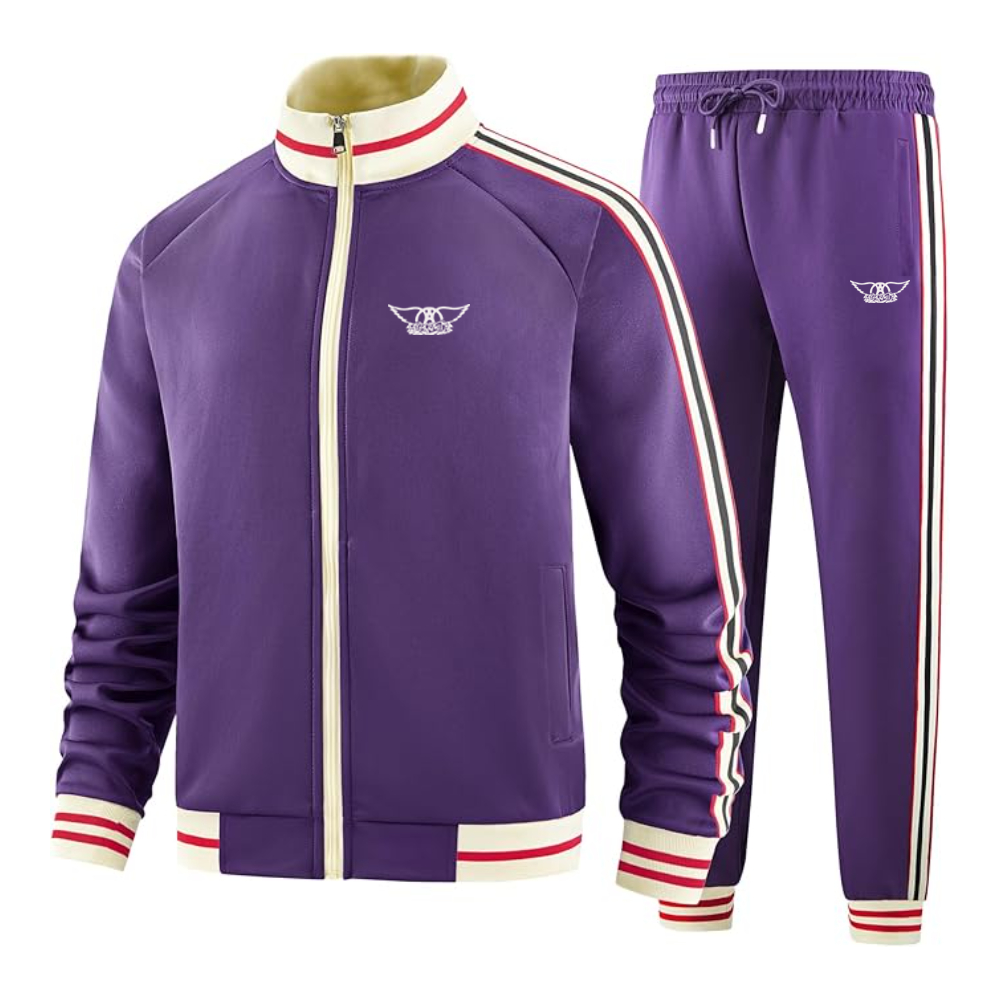Men's Aerosmith Logo  Tracksuit with Bold Striped Accents and Zippered Front Athletic Wear