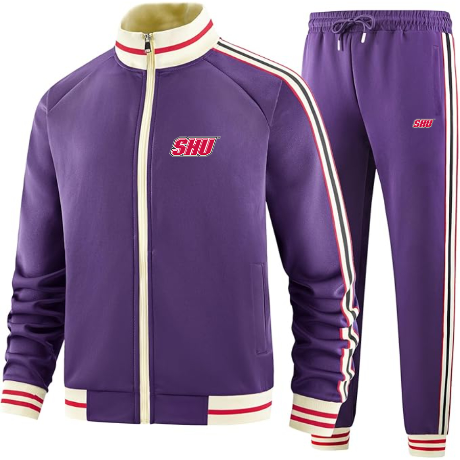 Men's Sacred Heart Pioneers Logo  Tracksuit with Bold Striped Accents and Zippered Front Athletic Wear