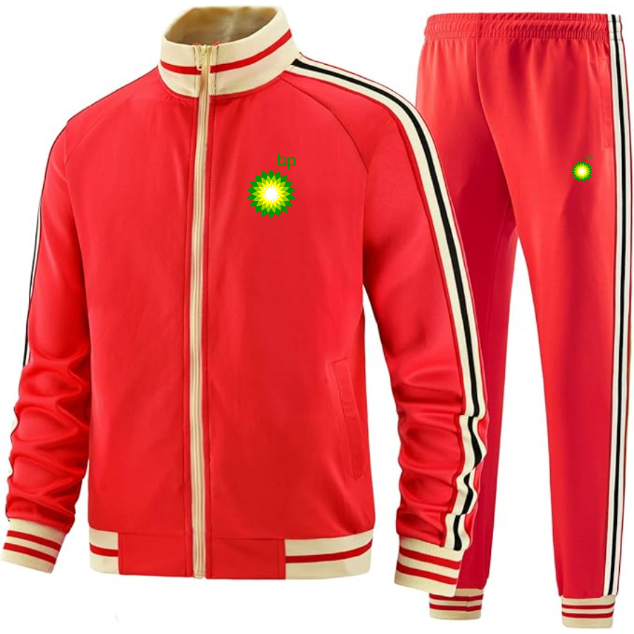 Men's BP Oil Logo Tracksuit with Bold Striped Accents and Zippered Front Athletic Wear