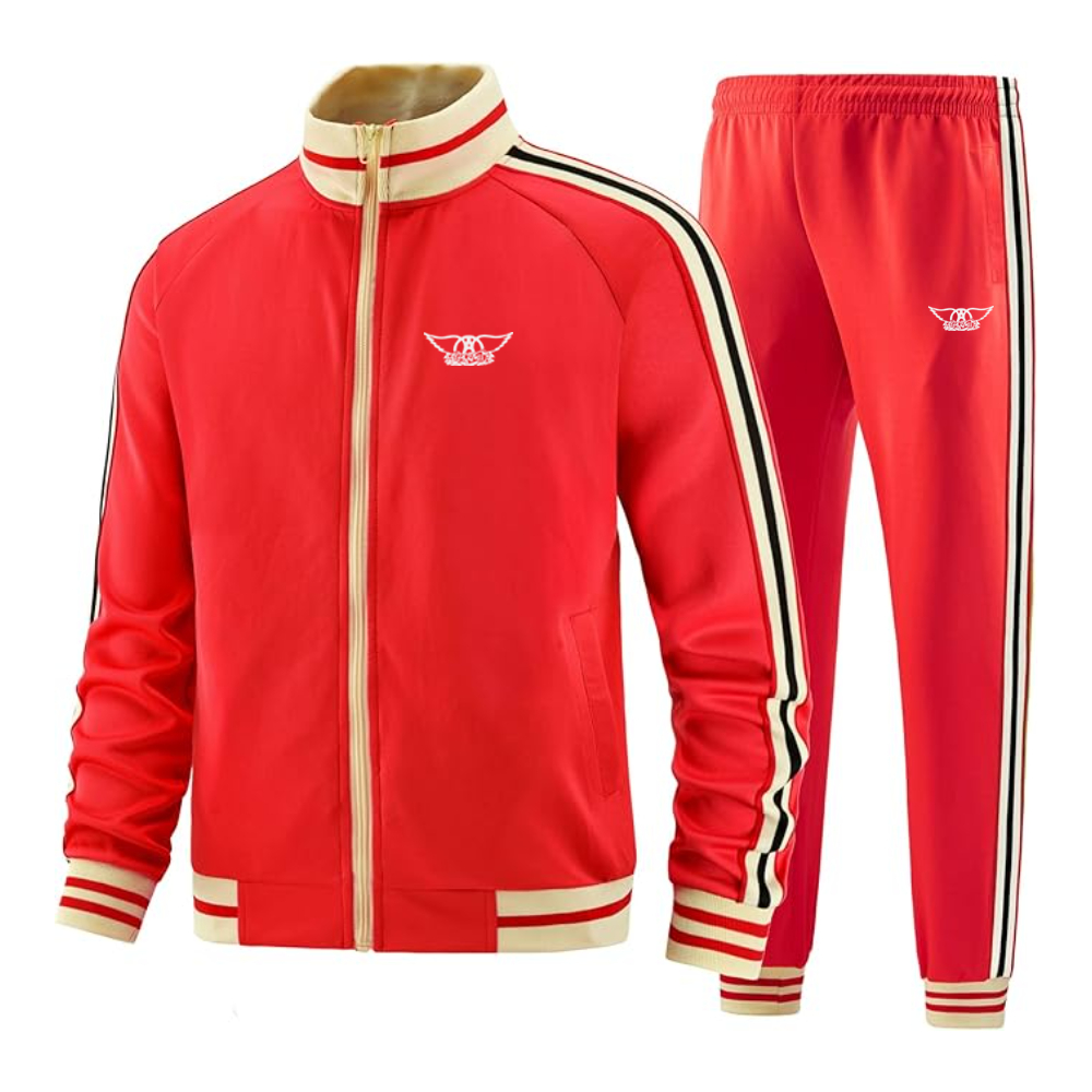 Men's Aerosmith Logo  Tracksuit with Bold Striped Accents and Zippered Front Athletic Wear
