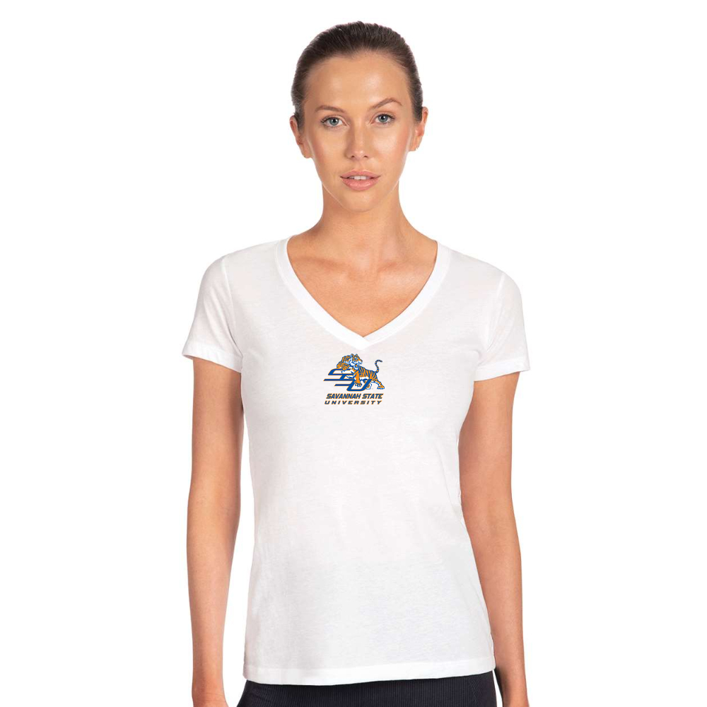 Women's Savannah State Tigers Logo  Next Level V-Neck T-Shirt