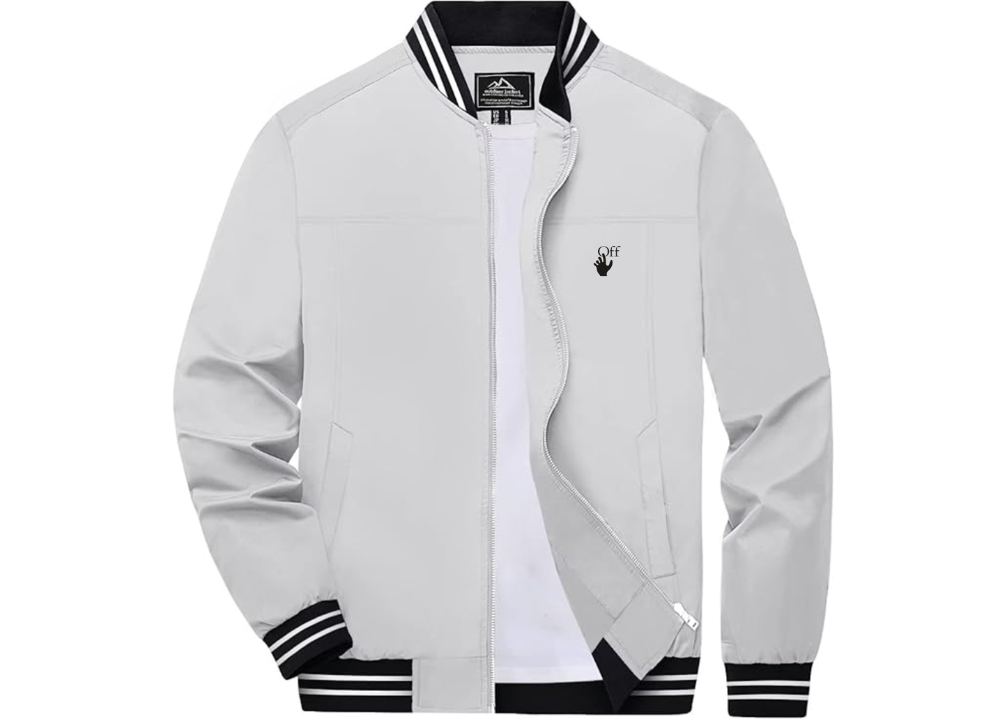 Men's Off-White Hand Lightweight Zip-Up Ribbed Collar and Cuffs Bomber Jacket