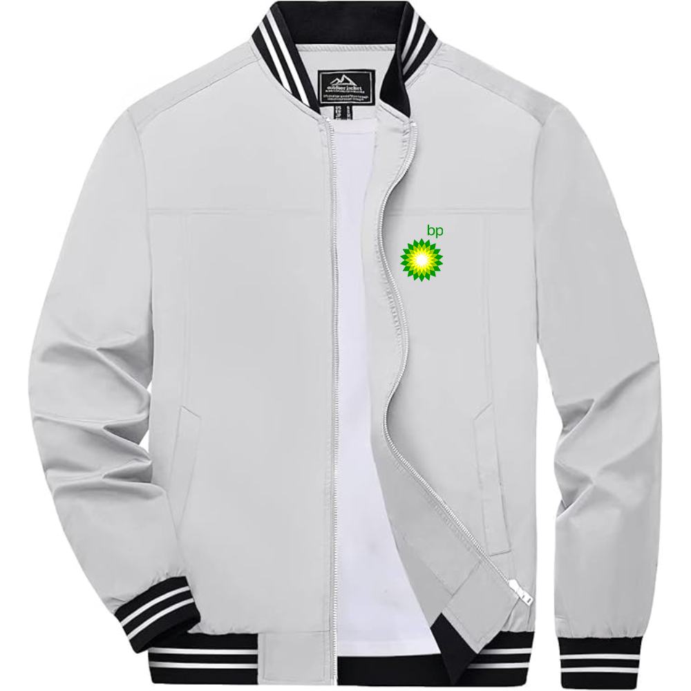 Men's BP Oil Logo Lightweight Zip-Up Ribbed Collar and Cuffs Bomber Jacket