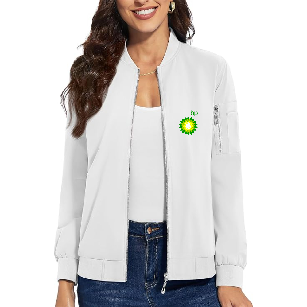 Women's BP Oil Logo Premium Bomber Jacket with Polished Detailing and Functional Sleeve Pocket Modern Luxury Outerwear