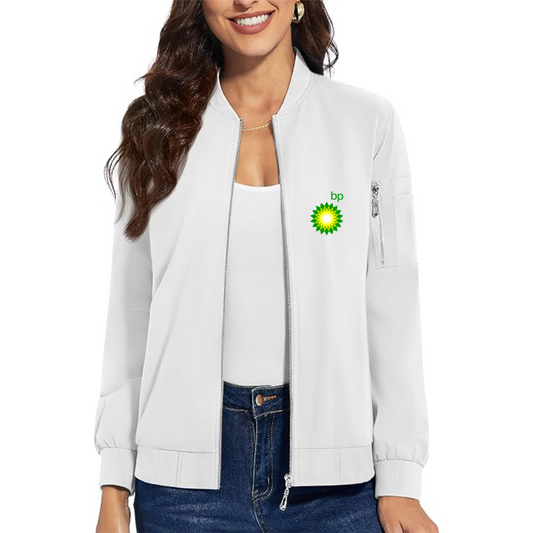 Women's BP Oil Logo Premium Bomber Jacket with Polished Detailing and Functional Sleeve Pocket Modern Luxury Outerwear