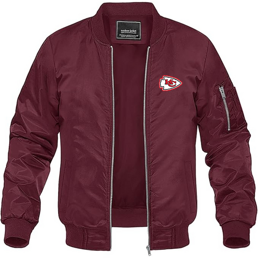 Men's KC Chiefs Logo Lightweight Bomber Jacket Windbreaker Softshell Varsity Jacket Coat